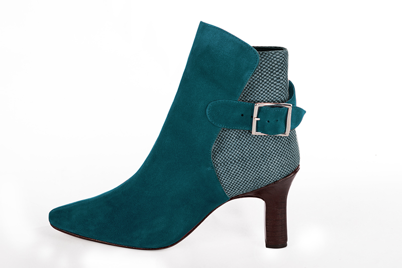Women's peacock blue elegant ankle boots, with buckles at the back. Square toe. High kitten heels - Profile view